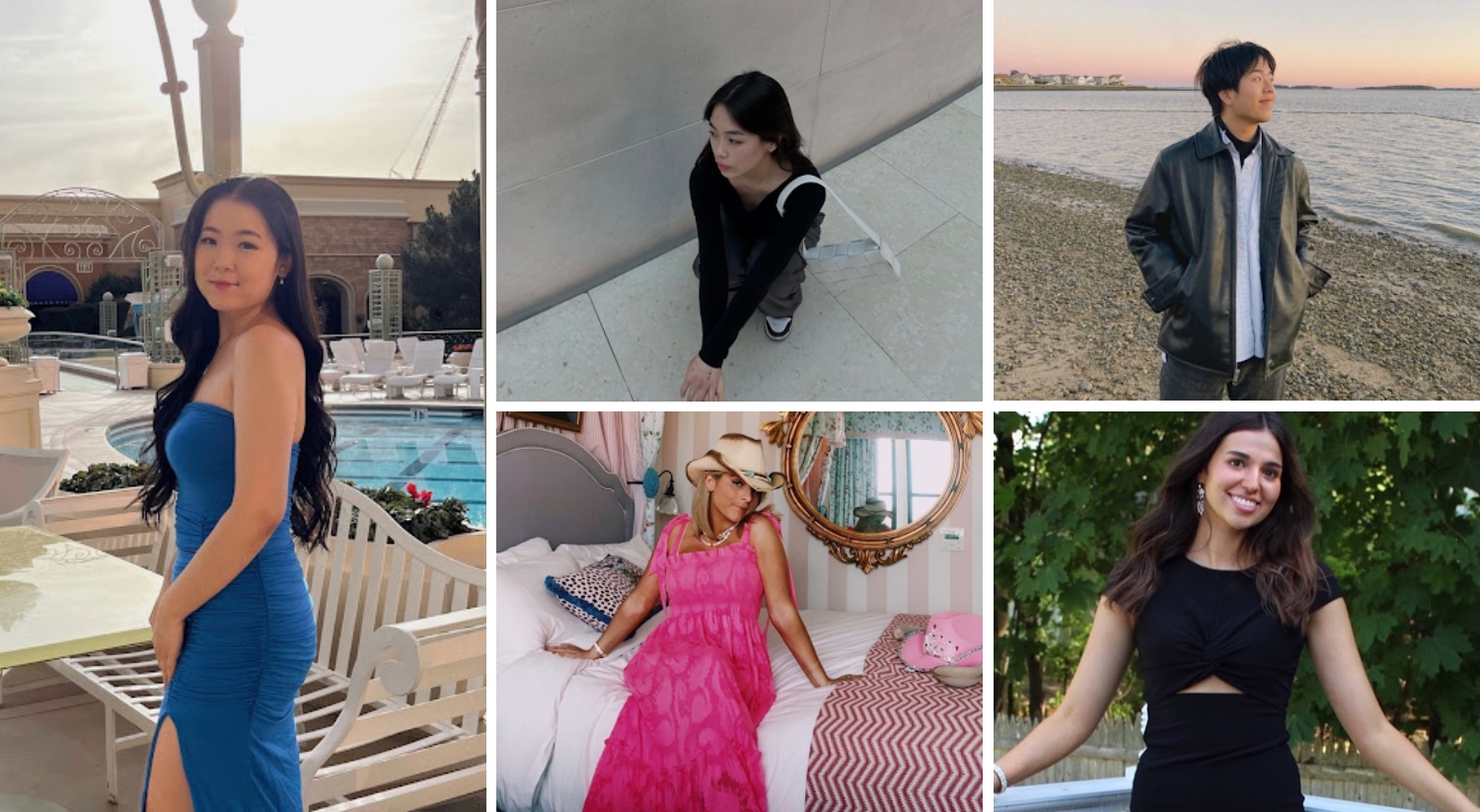 This is a collage of Boston University content creators. There are five individual pictures stitched together. The pictures are all solo shots of the content creators listed in the story.