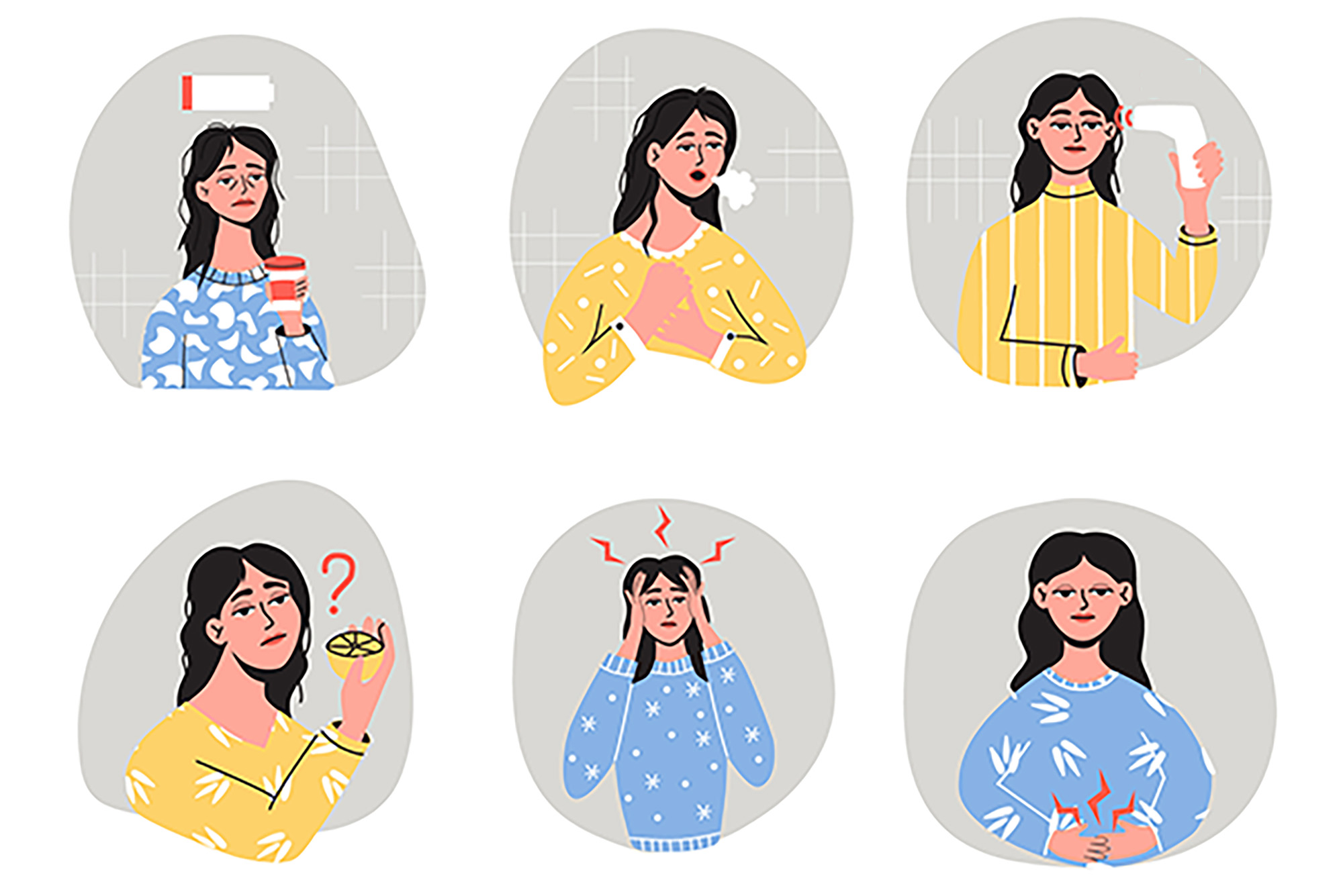 Image: Vector illustration showing Long-term effects of covid-19 or post covid syndrome. Depression, dyspnea, arrhythmia, eczema, indigestion and others symptoms are shown with a person expressing/miming them in various ways in six different bubbles on a white background.