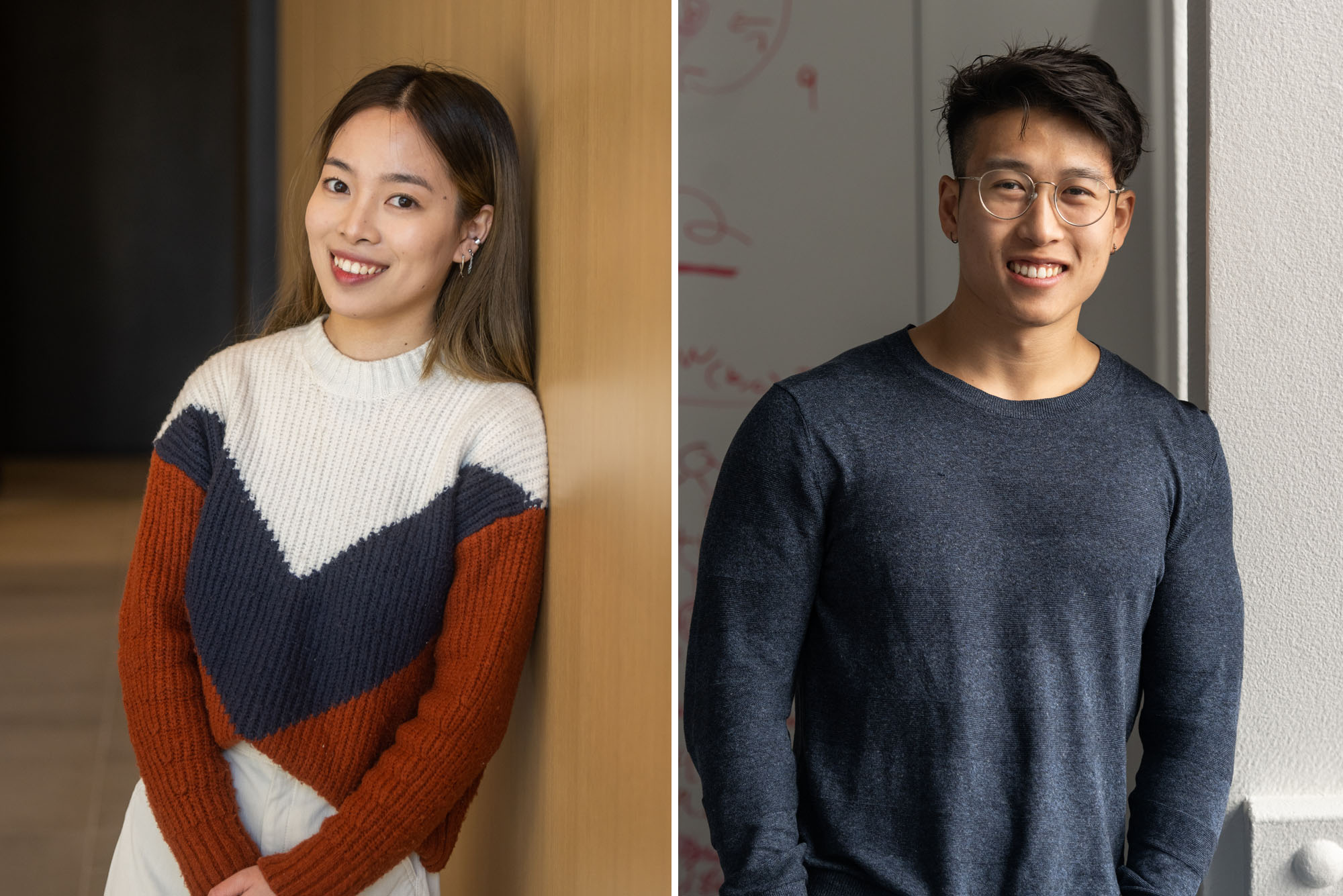 Collage: (from left) Photos of Linzi Scholarship recipients and Zilu “Pete” Tang. Liyu Chen poses against a wooden wall. A young Asian woman wearing a white, red, and black sweater, and long white skirt, smiles as she poses next to a light wooden wall. Zilu “Pete” Tang, a young Asian man wearing glasses and a long sleeved blue-gray shirt, smiles and poses next to a cement wall. Behind him, a white board filled with notes on equations can be seen.