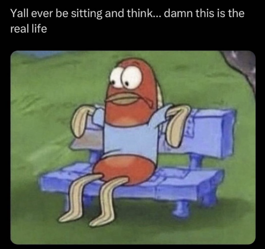 This is meme with text and an image, from the show TV show Spongebob. The text is on the top and it says "Y'all ever be sitting and think... damn this is the real life." Then, the picture below it is a from a Spongebob episode, and it is a fish sitting on a bench looking disappointed. 
