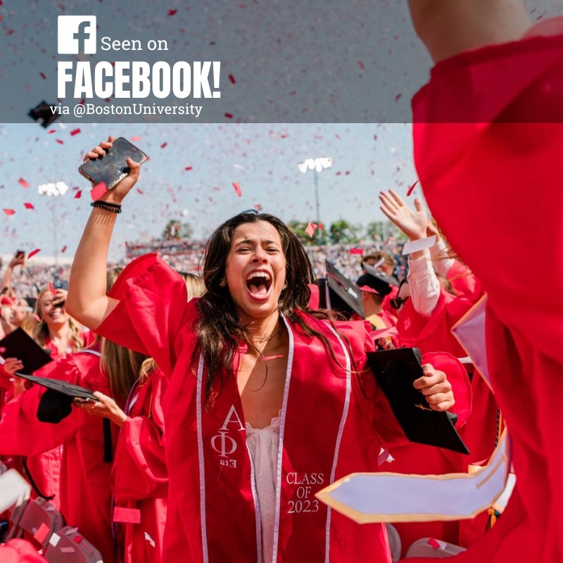 Photo: A BU Graduate in Red Robes with long black hair celebrates at Boston University's 150th commencement. Text overlay in white on black reads "Seen on Facebook via @BostonUniversity"