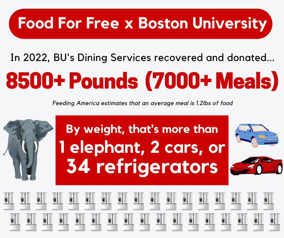 Infographic: a design in red and white reads "Food for free x Boston University. In 2022, BU Dining Services recovered and donated 8500+ pounds, 7000 meals. Feeding America estimates that 1.2lbs of food is an average meal. By weight, that's more than 1 elephant, 2 cars, or 34 refrigerators." The graphic has small elephant, 2 cars, and 34 refrigerators at the bottom