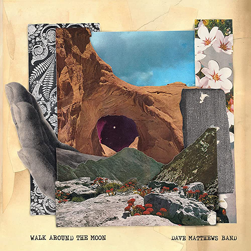 Image: Album cover of Dave Matthews Band's "Walk Around the Moon". A collage of cutout magazine pages are put together to make a moon-like landscape featuring a cave.