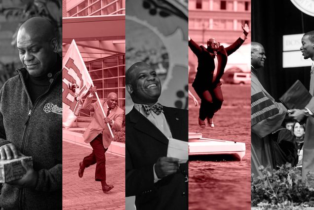 Photo collage of Dean Elmore featuring five photos in black and white, with every other tinted red. In the first photo, Elmore, a middle-aged Black man, wears a quarter zip and holds a special book and looks contemplative. Second, Elmore, in a suit, runs in front of Agganis with a white BU flag. At center, Elmore is seen with his iconic bow tie, smiling, during what looks like senior breakfast. Fourth, Elmore, wearing a snorkeling mask, jumps off a launch boat and into the Charles River with his hands extended up. At right, Elmore, dressed in a convocation robe, smiles as he hands a young Black man an award, at left. Photos by Kalman Zabarsky, Cydney Scott and Kristyn Ulanday