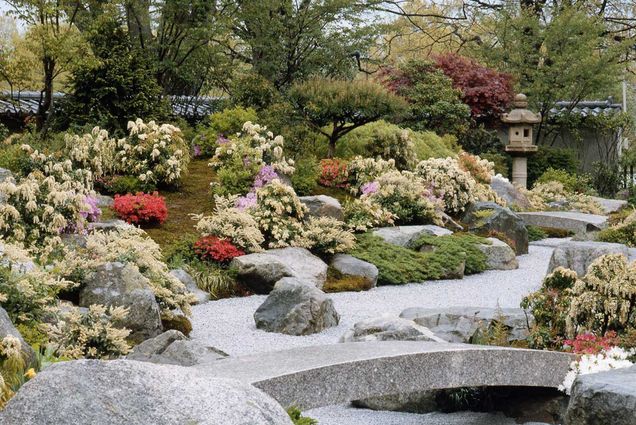 Photo: A Tenshin-en Garden, located at the MFA Boston. The garden is decorated with a stone pathway and bridge, with beautiful foliage, blooming for the spring season.