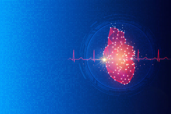 Image: Red geometric/constellation style illustration of a heart. A red ECG heart monitor line goes through the middle of the heart. Image lies on a large blue, pixelated background.