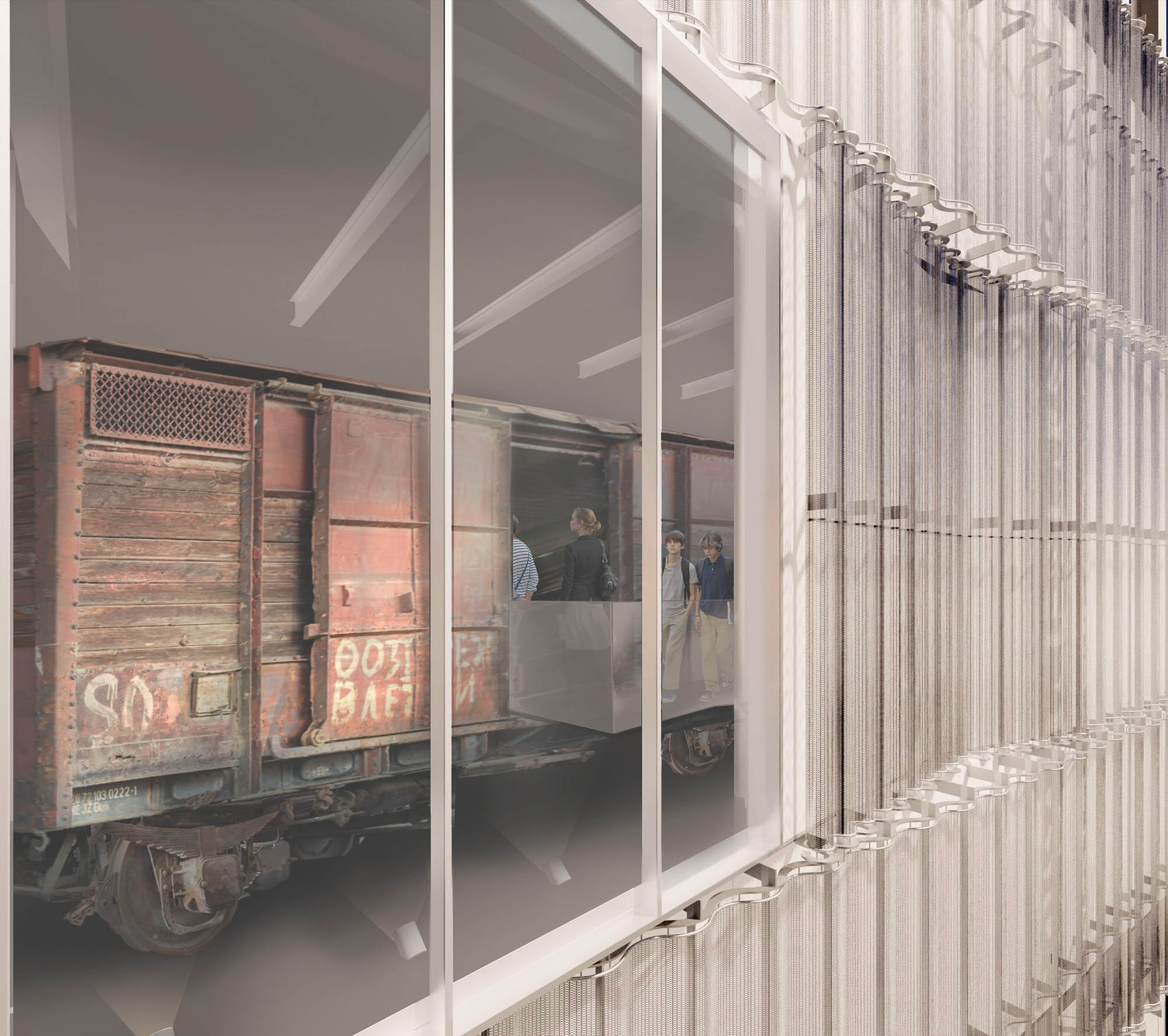 Photo: Architectural rendering of the proposed Holocaust Museum and Educational Center. Rendering shows a large window on a white building. An old railcar can be seen through the large window.