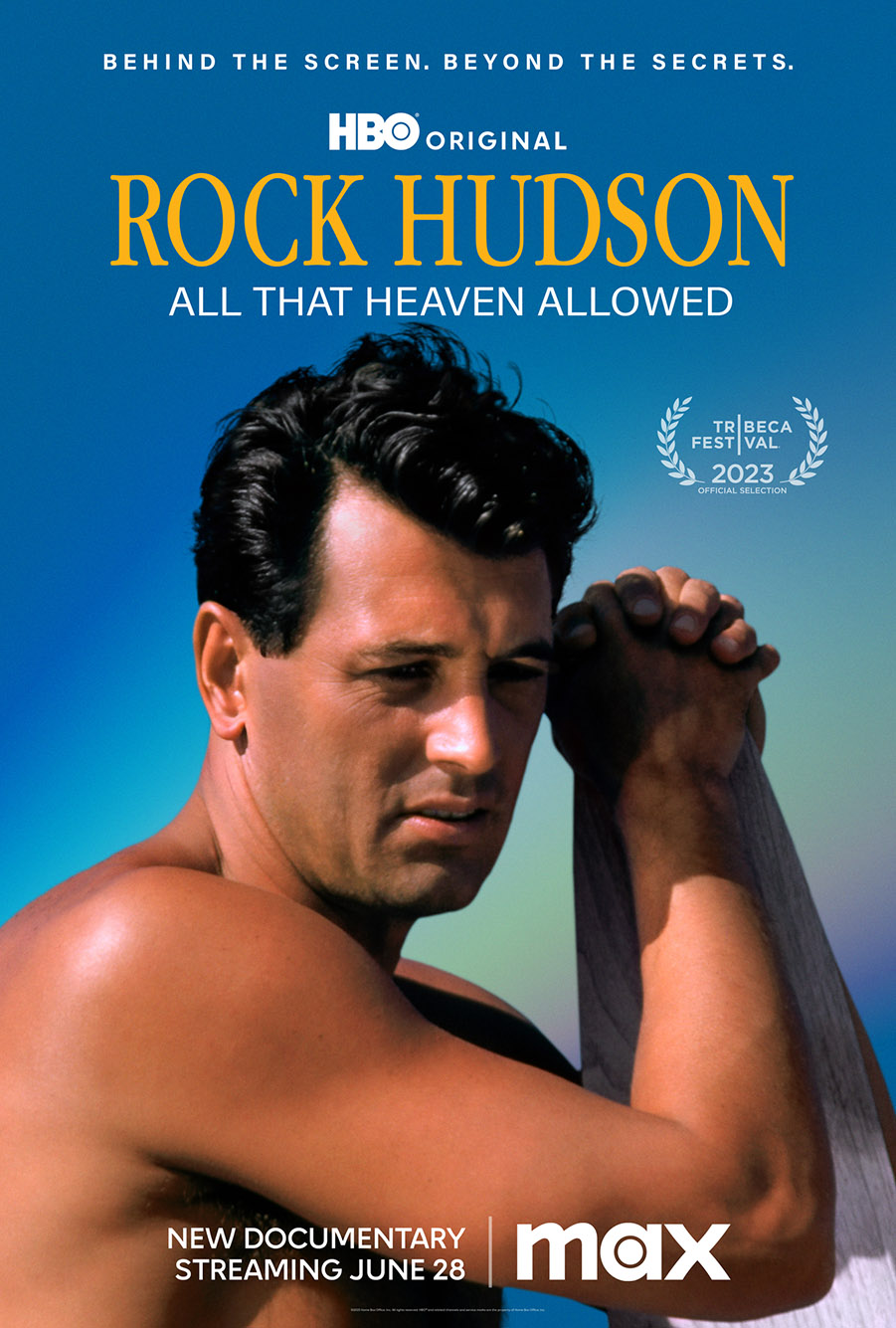Image: Movie poster for "Rock Hudson- All That Heaven Allowed". Poster shows Hudson topless as he rests at the side of a pool. Title of documentary is shown in burnt yellow as on a blue background.