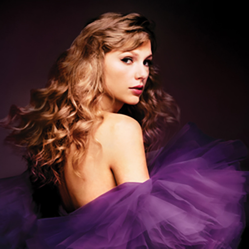 Image: Album cover for "Speak Now, Taylor’s Version". Taylor Swift, a white woman wit long, curled blonde hair and wearing a poofy purple dress, poses and looks to her right at the camera.