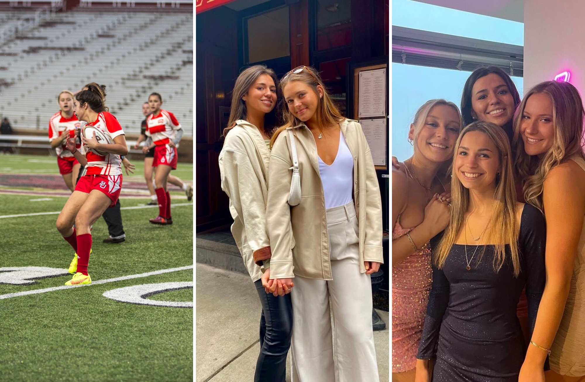 These photos were provided by rising junior, Sophia Caffrey (COM'25). She is featured in each of the three pictures within the collage. On the left, there is a photo of her in action, playing rugby in her BU uniform. The next picture shows her and a friend standing next to one another, both wearing tan jackets. On the right, Caffrey is pictured with three friends. She is in the back and only her head is showing, while the other three blondes are in front of her. One is wearing a pink dress, another wearing black, and the last wearing a tan dress. They are in front of a window.
