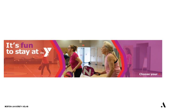 Image: Red and pruple themed ad for YMCA. Ad shows a group of elderly women taking a fitness class. Text on red and purple overlay reads "It's fun to stay at the Y".