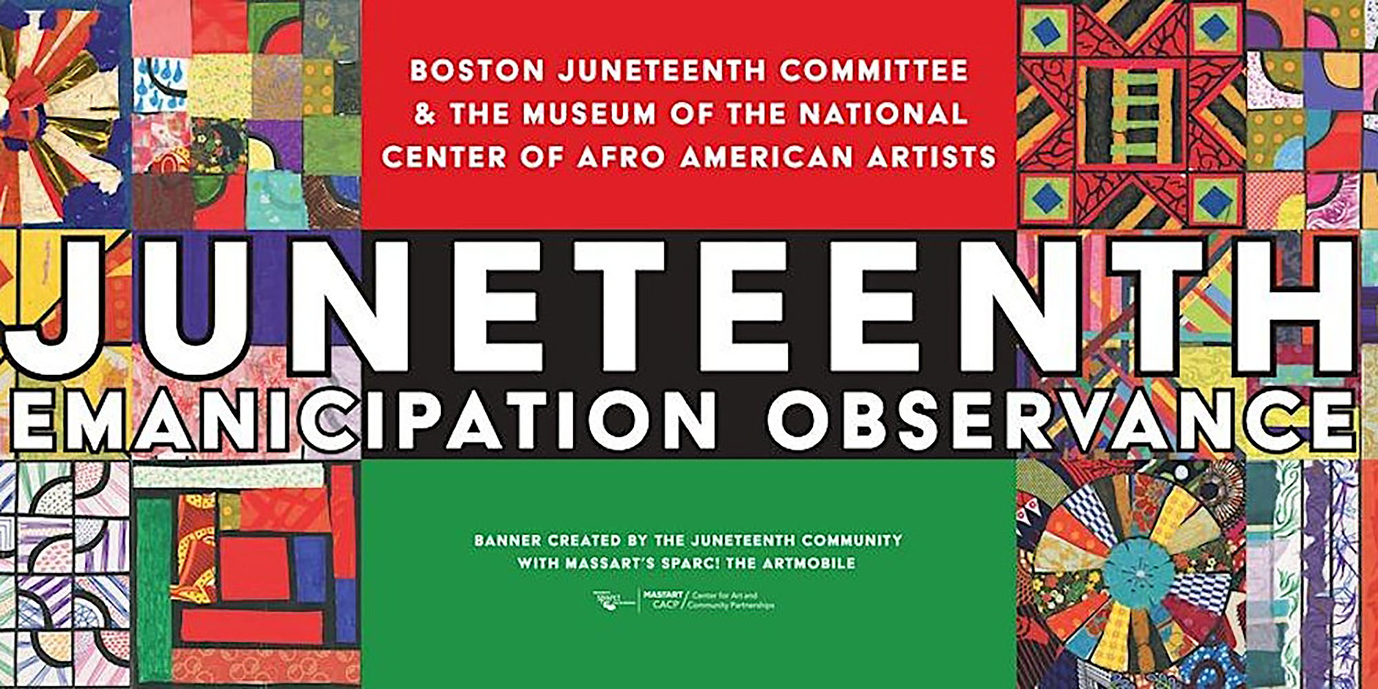 Photo: A composite image with various different colors that are textile-like with text overlay that reads JUNETEENTH EMPANCIPATION OBSERVATION