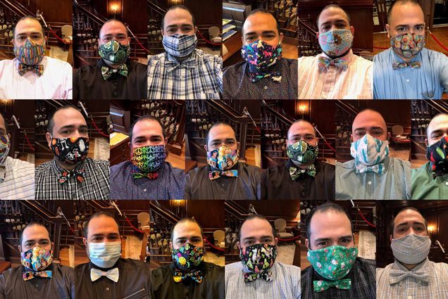 Composite image of over 15 of Jesus Nater's mask and bowtie pairs.