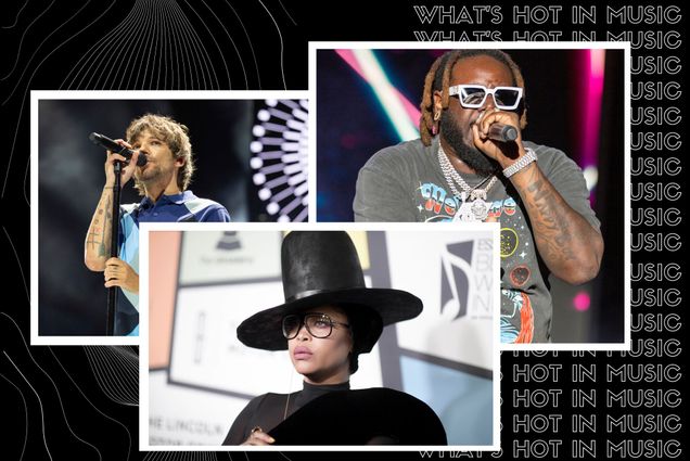 Image: collage of artists either hosting concerts in Boston in July 2023 or with new albums coming out in July. Black background with outline-font white lines features photos of Louis Tomlinson, Erykah Badu, and T-Pain. Each photo has white, polaroid-style borders. At left, Louis Tomlinson performs in concert, mic in hand; he is a young white man wearing a blue collared shirt. At right, T-Pain is shown performing, wearing a grey band tee as he sings into a mic. Erykah Badu headshot shows her posing on a red carpet, with large statement piece black hat. Text on right behind image reads "What's Hot in Music" in a repeating pattern.