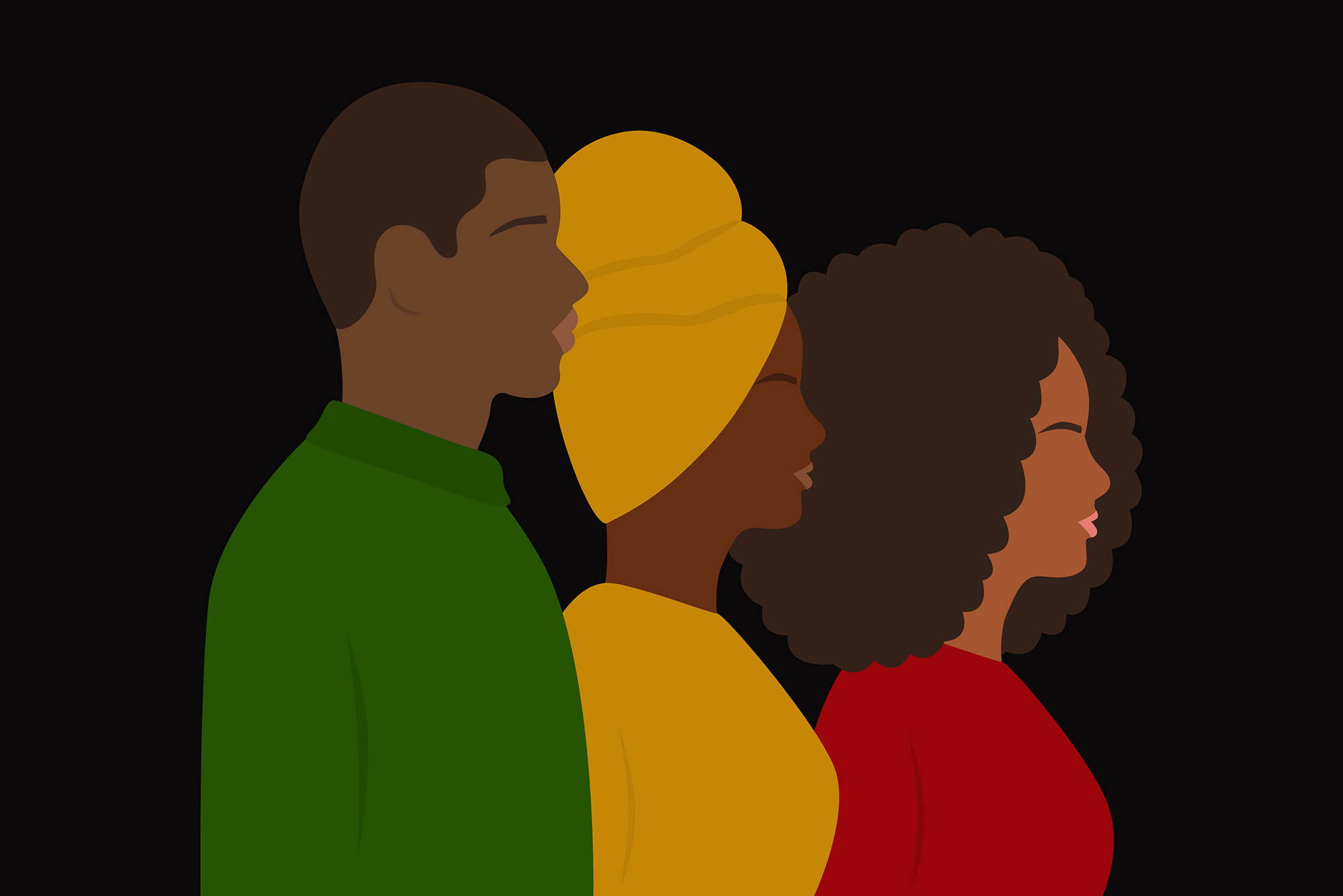 Photo: A clip art of three silhouetted individuals. From left: A taller Black man with a green shirt, a shorter woman with a yellow turban and shirt, and the shortest woman with her natural hair and a red shirt.