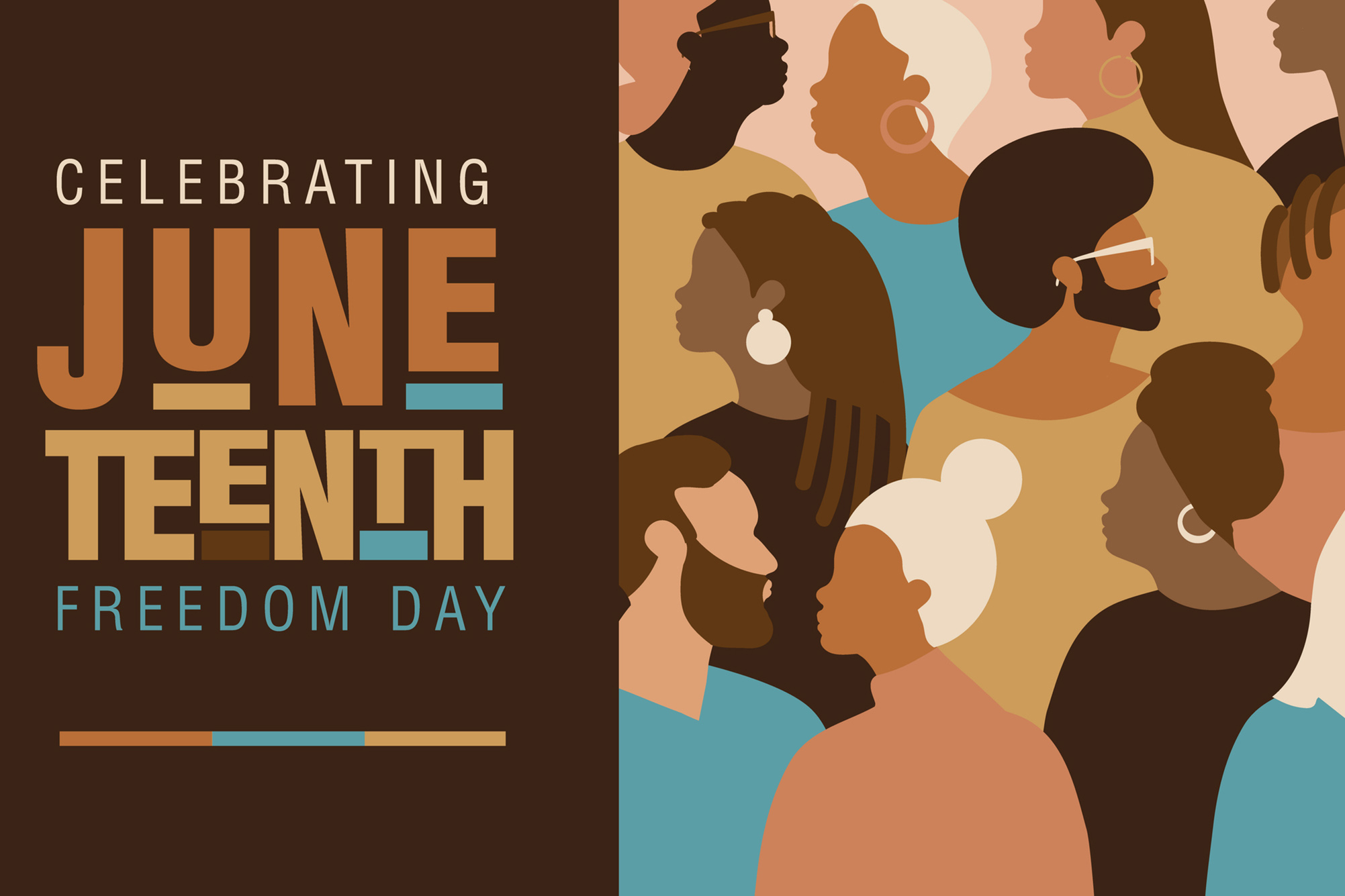 Photo: A composite image of a graphic with silhouette of individuals. The text overlay on the left reads CELEBRATING JUNETEENTH FREEDOM DAY.