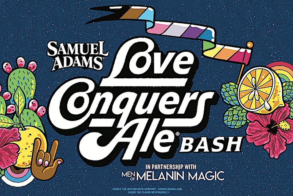 Photo: An infographic from Sam Adams Love Conquers Ale Bash, a pride event for Pride Month. A dark blue background with illustrations of the pride flag and various fruits and flowers.
