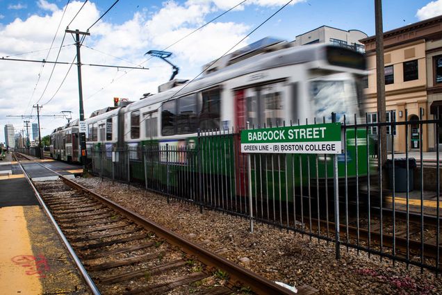 Photo: A green line trolley makes a stop on Commonwealth Ave on June 1, 2020.