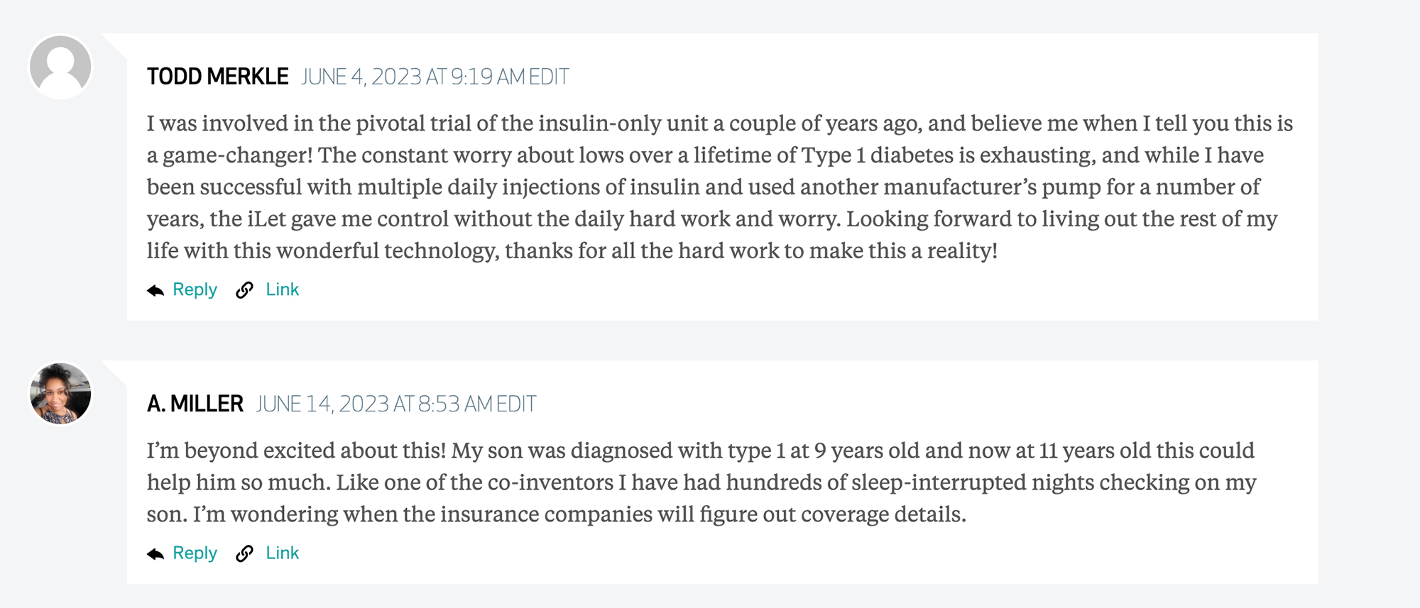 Screenshot of two comments from an older Brink article on the Bionic pancreas. First comment reads: 