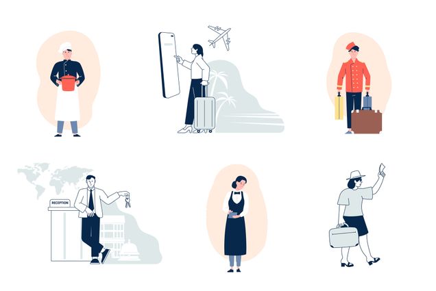 Graphic: A collection of vector images depicting people traveling with suitcases in various outfits