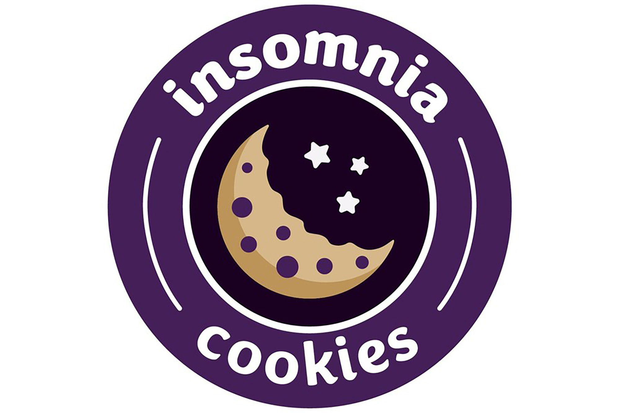 Photo: A white background with the Insomia Cookies logo overlayed. The logo is a purple circle with a half-bitten cookie on the inside, reminiscent of a crescent moon. Three white stars are to the right of the cookie and above the cookie it reads "insomnia" and below, "cookies".