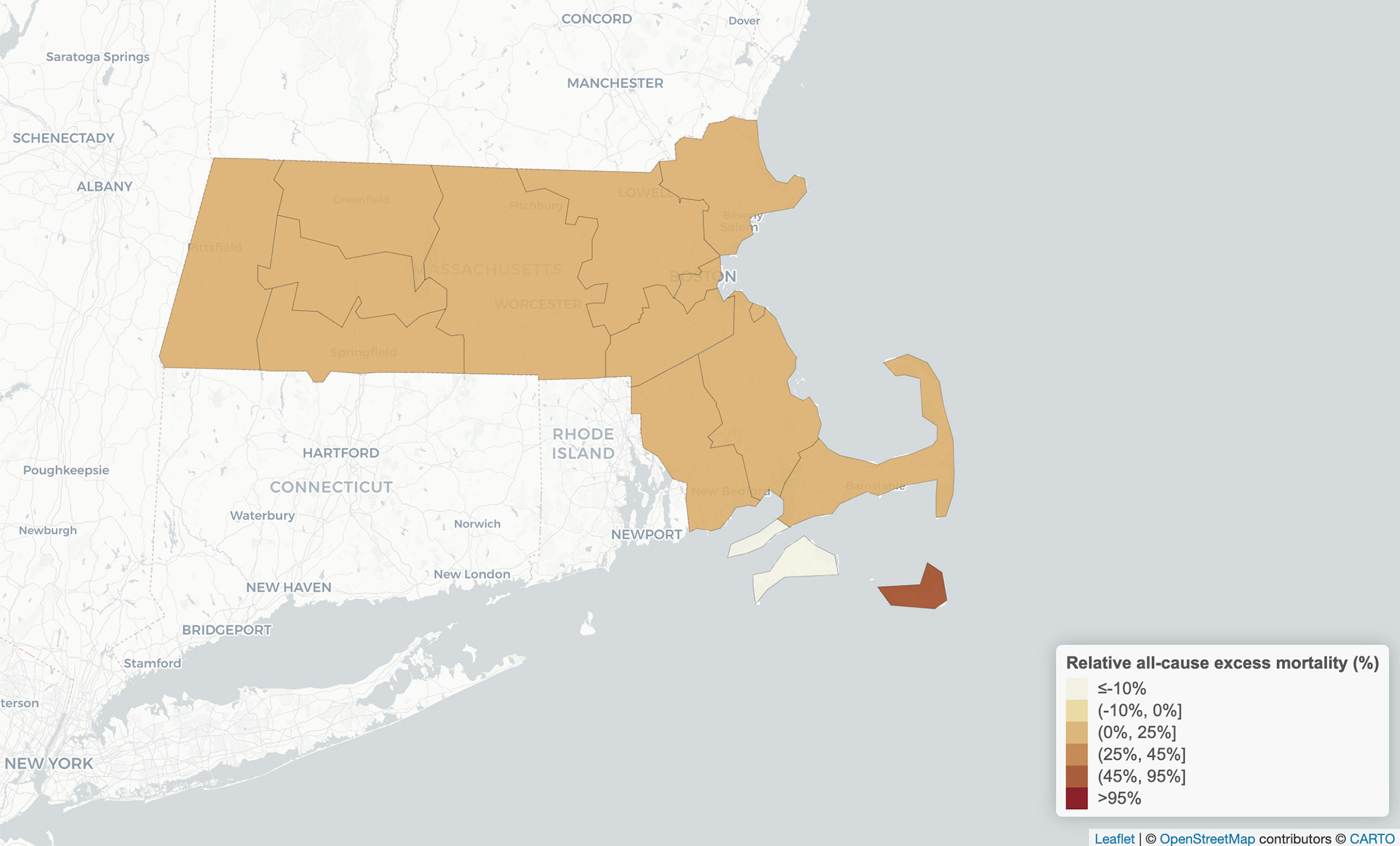 Image: Map of Massachusetts that shows the county view in September 2021-the darker the color, the higher the mortality rate. Colors range from light yellow to dark red.