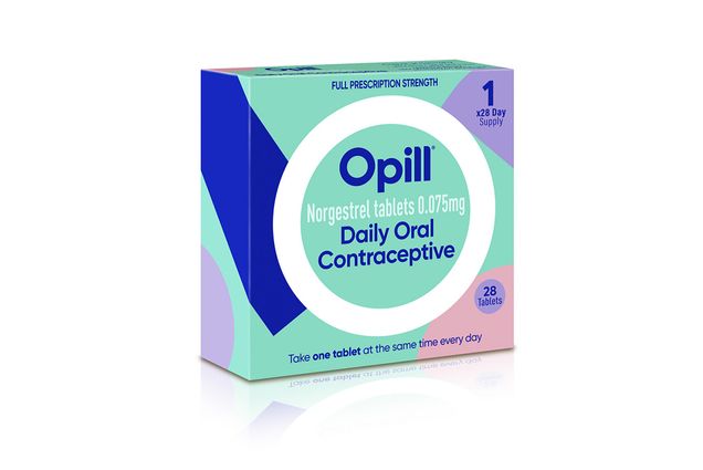 Image: A teal green box with dark blue, light purple, and light pink shapes is shown on a white background. The front of the box has a thin, white circle. Inside the circle, text reads "Opill, Daily Oral Contraceptive".Image: A teal green box with dark blue, light purple, and light pink shapes is shown on a white background. The front of the box has a thin, white circle. Inside the circle, text reads "Opill, Daily Oral Contraceptive".