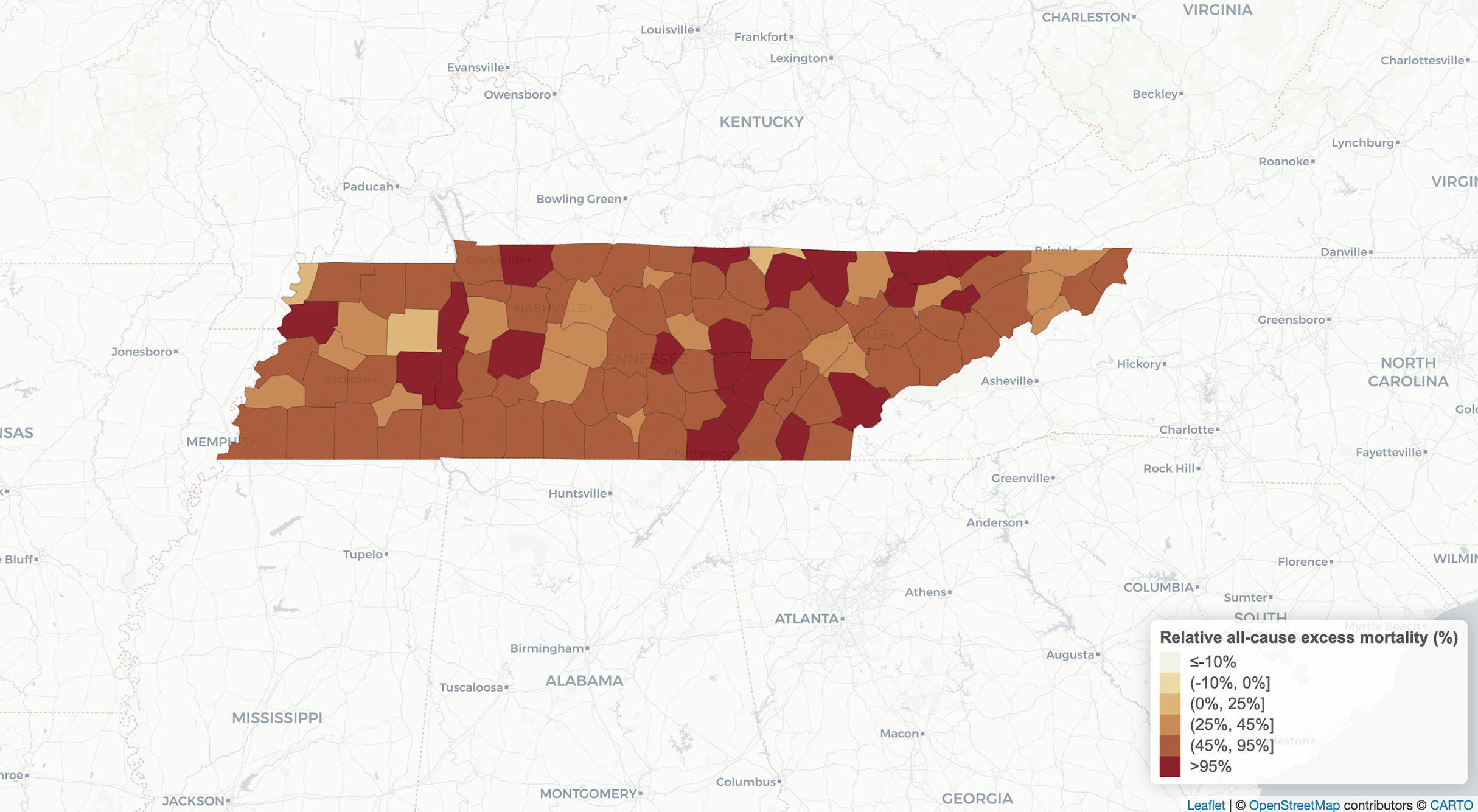 Image: Map of Tennessee that shows the county view in September 2021-the darker the color, the higher the mortality rate. Colors range from light yellow to dark red.