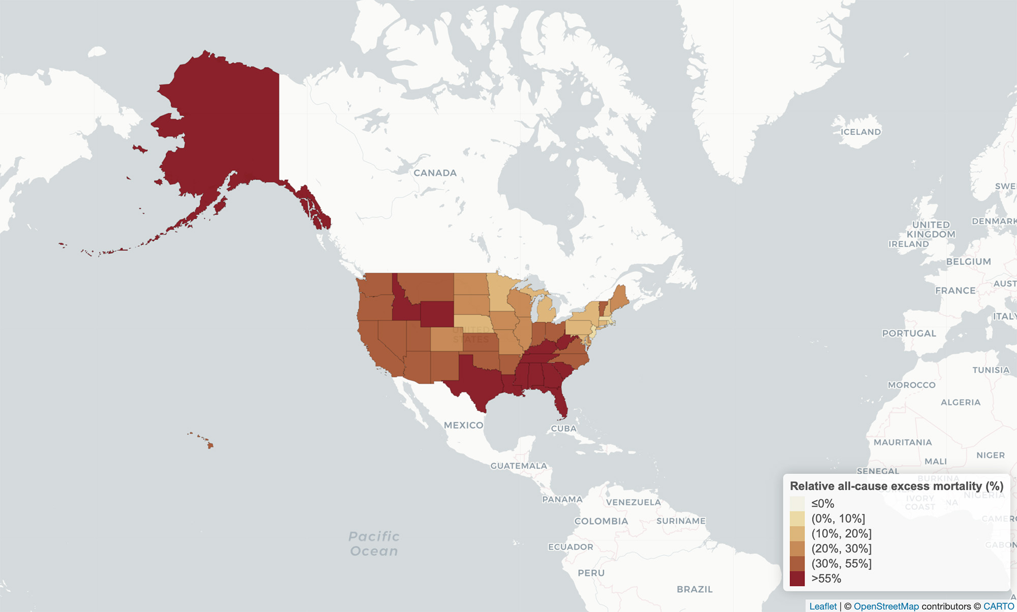 map of US shows relative all-cause excess mortality (%) by color. Rural states are darker, indicating more deaths