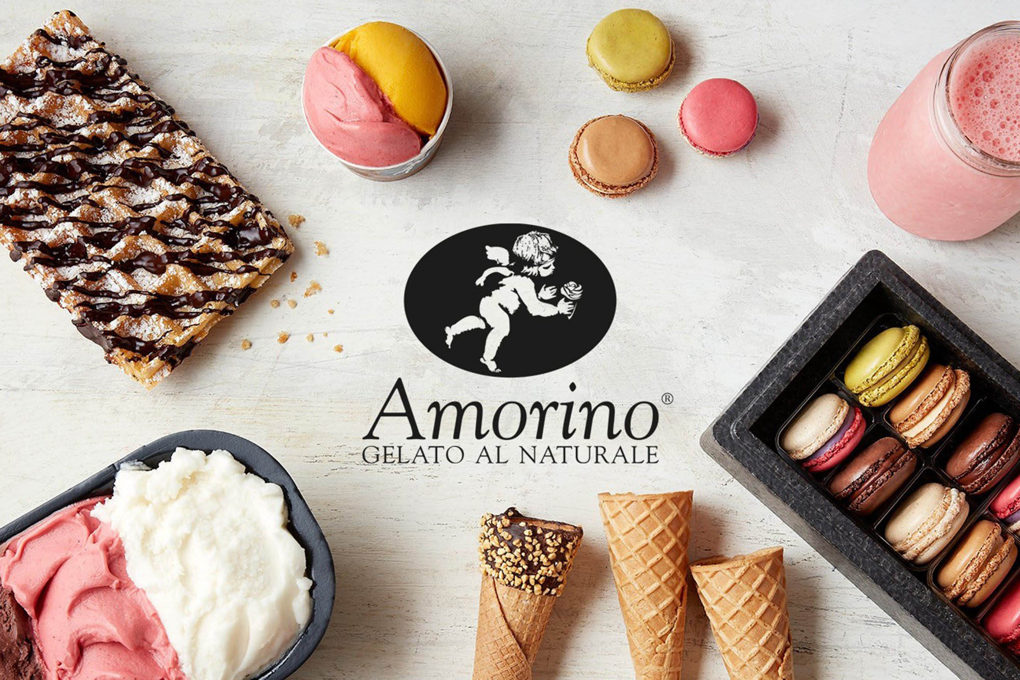 Photo: An overlay over ice cream, French macroons, and gelato treats from Amorino. Text overlay is Amorina logo.