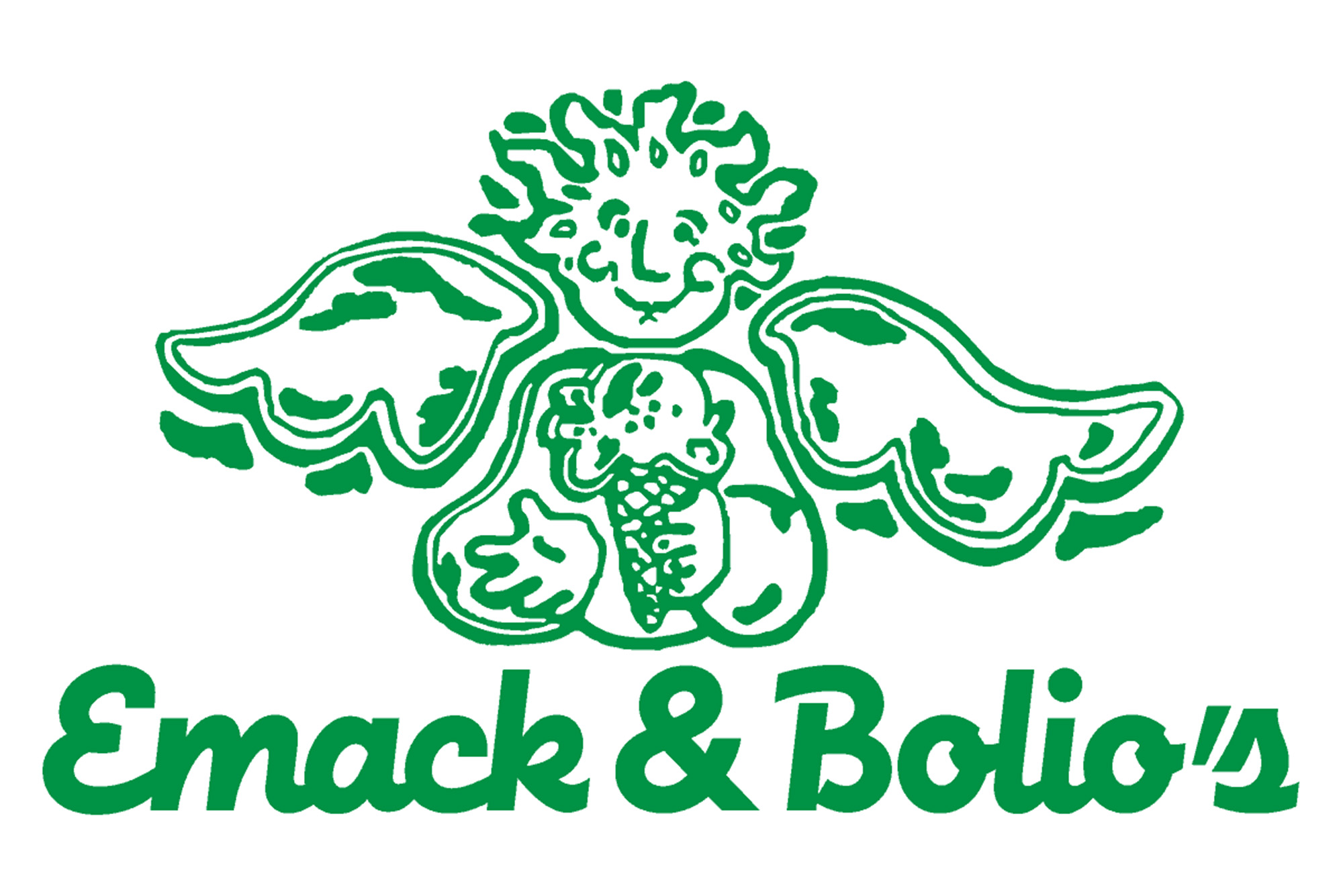 Photo: A white background with green lettering that reads Emack & Bolio's with a winged character, also in green, overtop.