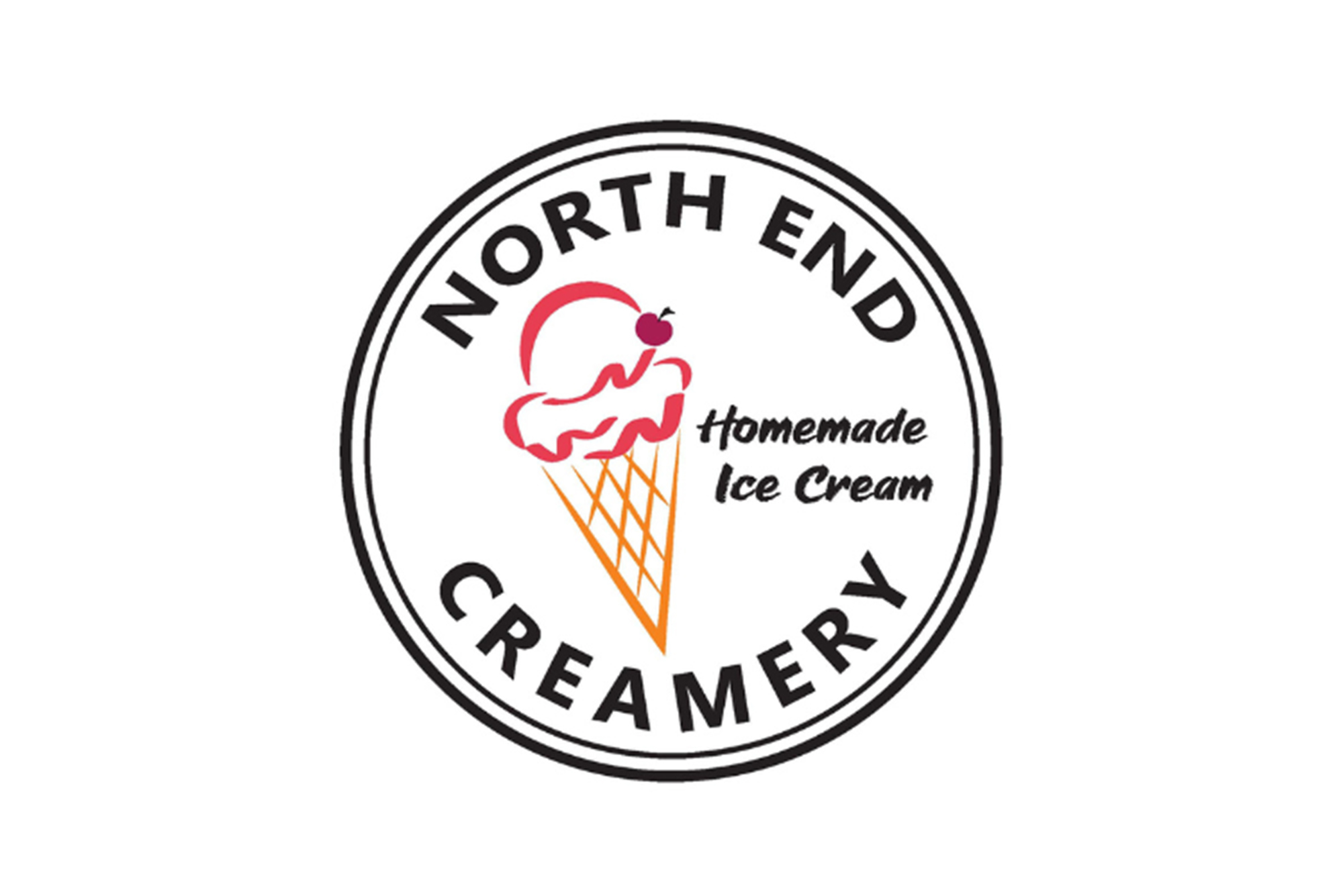 Photo: A white background with a circle logo ontop with the text NORTH END CREAMERY and a drawn out ice cream cone on it.
