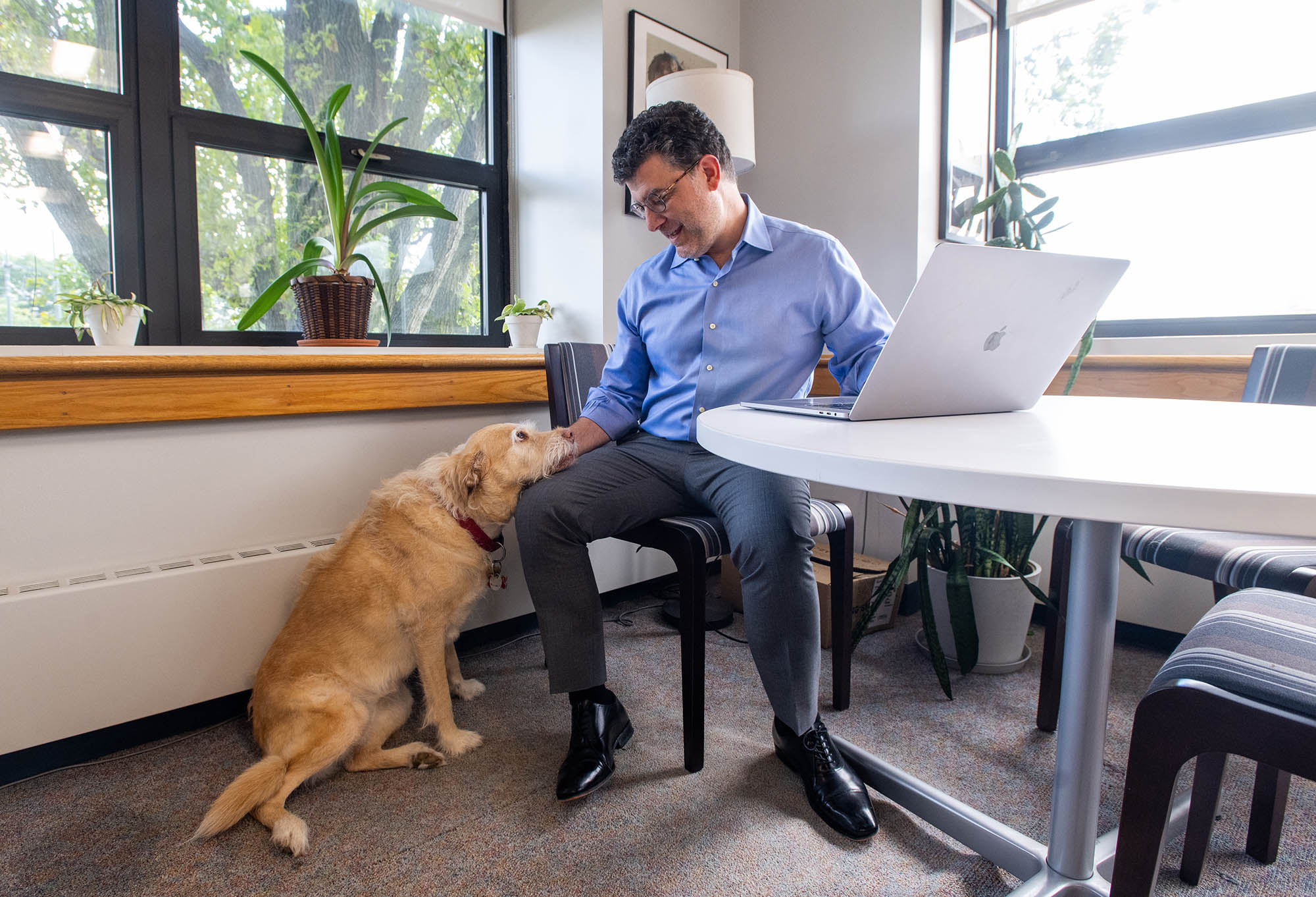 Photo: Chris Kolovos, a white man wearing a long-sleeved, blue collared shirt and black pants, turns in his chair as he smiles and pets the head of a lab mix dog.