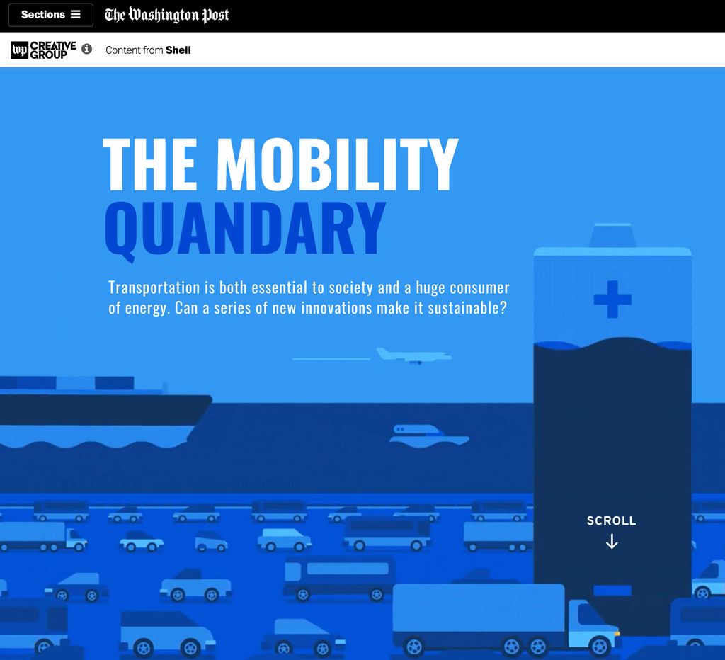A screenshot of a climate ad funded by Shell, a large fossil fuel company. Text reads "The Mobility Quandary"