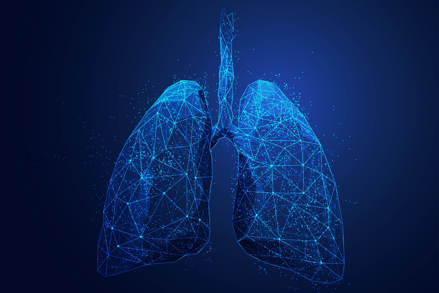 Image: Graphic wireframe design of human lungs. Futuristic image uses a blue theme.