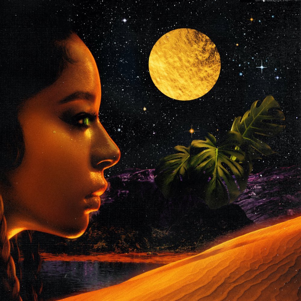 Photo: A composite of a side profile of a woman's face, a full moon, and a retro landscape are all in frame with a sepia setting.