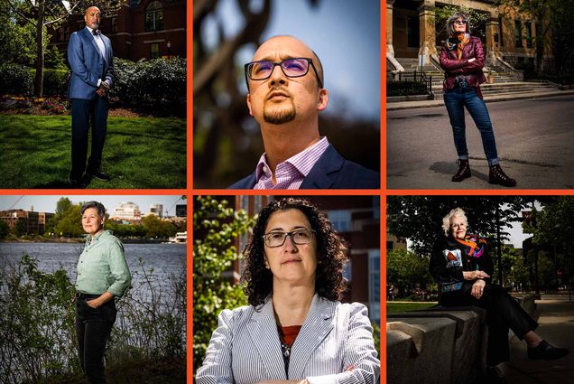 Photo: A composite image of six different individuals with an orange boarder. From left (top), a black man with a blue blazer and dark slacks stands in the middle of a grass field, a bald man with black glasses wears a collared shirt and looks off into the distance, a woman with jeans and a maroon leather jacket had her arms crossed as she stares off to the right of her. From left (bottom), a white woman with short grey hair stand in front of a river as she looks into the camera, her hands in her pocket; a woman with short, brown hair and black-rimmed glasses looks into the camera, a white woman with short white hair sits on a bench, her leg crossed over the other with a colorful scarf wrapped around her neck.