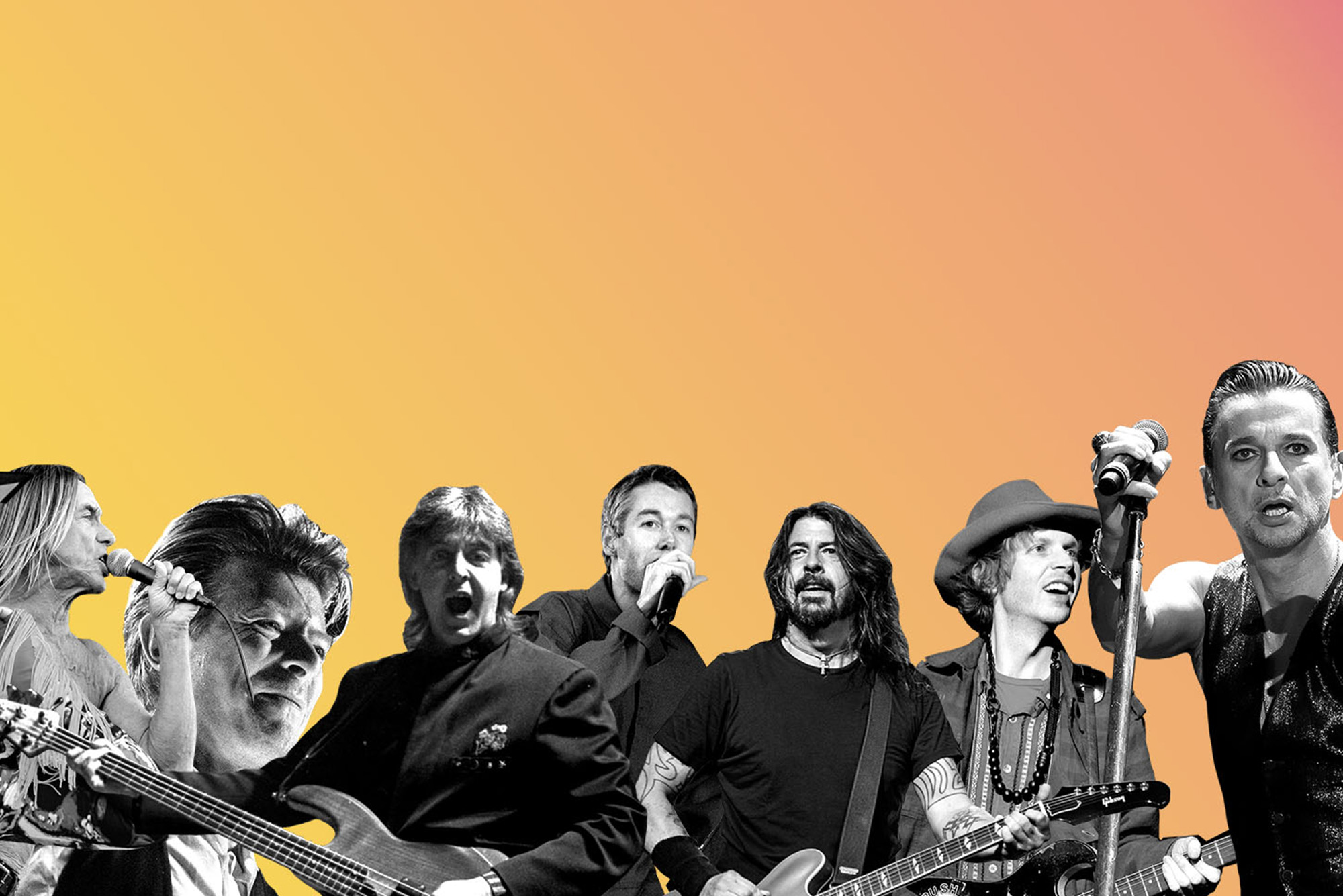 Photo: A yellow background with many famous musicians in front. Artists pictured include Dave Gahan of Depeche Mode, Dave Grohl of the Foo Fighters, David Bowie, Régine Chassagne of Arcade Fire, Adam Yauch of the Beastie Boys, Beck, Iggy Pop, Paul McCartney