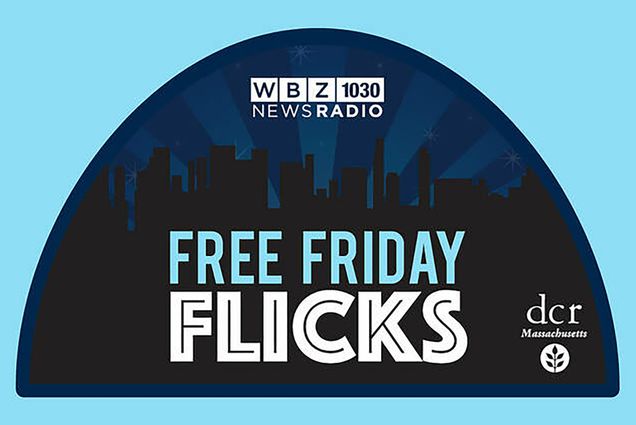 Photo: A graphic image of an outline of the Hatch Shell stage (an open, outdoor stage with a large, half-circle cover) with text overlay that reads WBZ 1030 NEWS RADIO FREE FRIDAY FLICKS. The color-way is navy blue and sky blue.