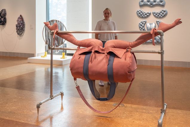 Photo: A salmon-colored stuffed duffle bag, hanging on metal rods so that it is suspended in the air. Two, large, stuffed leg-type appendages stretch out from left to right on top of the bag. The artwork is amongst the middle of a gallery floor, surround by smiliar art pieces. There is a short woman standing behind the piece, observing.