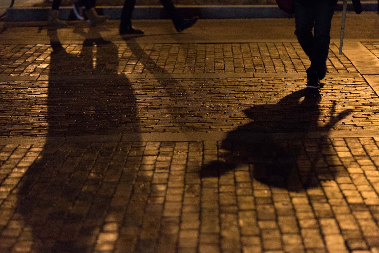 Photo: A shadow of a person walking on brick pavement