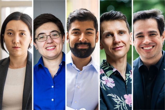 Collage: Headshot photos of faculty that have won Career Development Professorship awards in 2023. From left to right: Minjung Son, a southeast Asian woman wearing a white blouse and grey blazer, Sabrina Neuman, a white woman with short hair wearing glasses and a blue collared shirt, Leroy Gonsalves, a tan, bearded man wearing a light blue collared shirt, Philipp Mews, a person wearing a floral dark blue collared shirt, and Luis Ballesteros, a man wearing matching navy blue collared shirt and blazer.