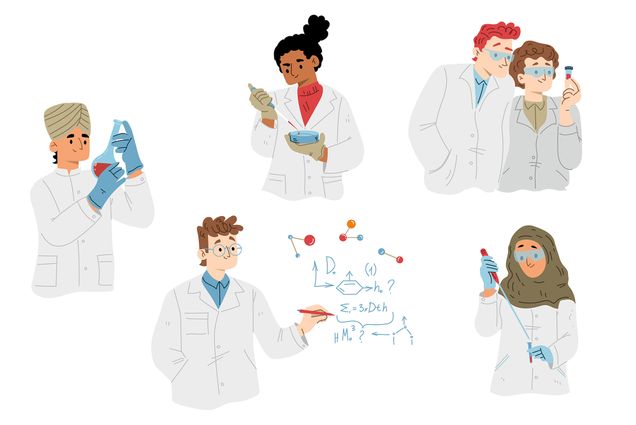 Image: Illustration of various diverse scientists doing research, medicine, chemistry or biotechnology experiments in laboratory. Images show people with lab flasks, microscopes, and molecules.