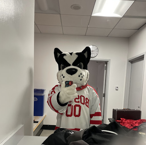 This is a photo from Abigail Wood and she is in Boston University's Rhett mascot costume. In the costume and in front of a mirror, she has her phone up towards the mirror taking a selfie. The walls are white and there are two doors behind Rhett.