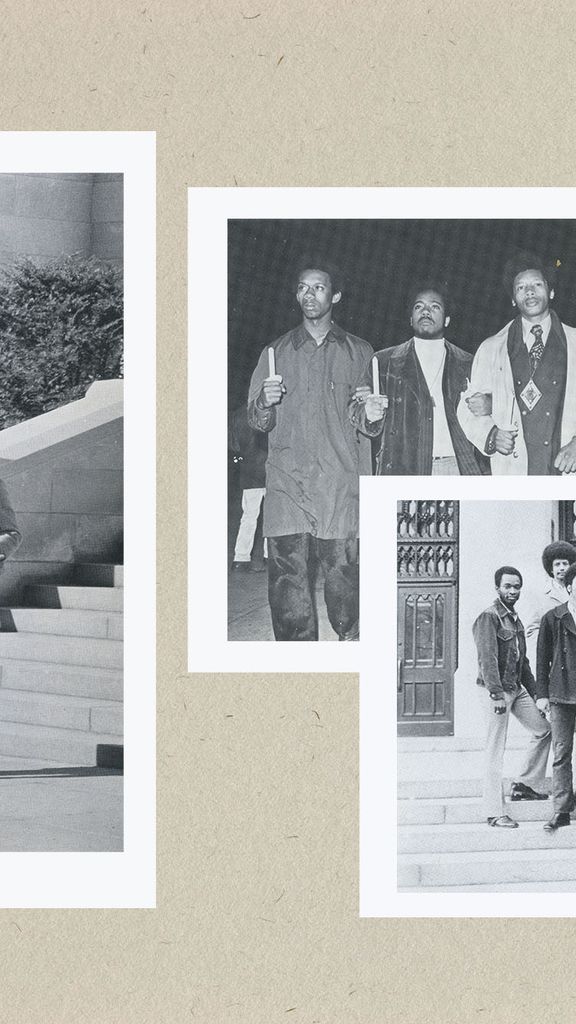 Photo: A composite image of three black and white photos with a white boarder and a tan background. On the right, two individuals walking on BU's campus in 1973. On the right, two photos, one layered on top of the other. The top photo features four men marching for MLK day in 1973. The bottom photo features the Business class of BU in 1973.