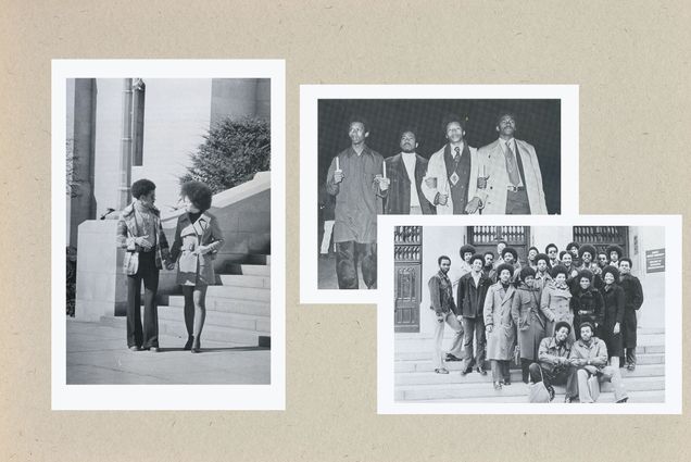 Photo: A composite image of three black and white photos with a white boarder and a tan background. On the right, two individuals walking on BU's campus in 1973. On the right, two photos, one layered on top of the other. The top photo features four men marching for MLK day in 1973. The bottom photo features the Business class of BU in 1973.