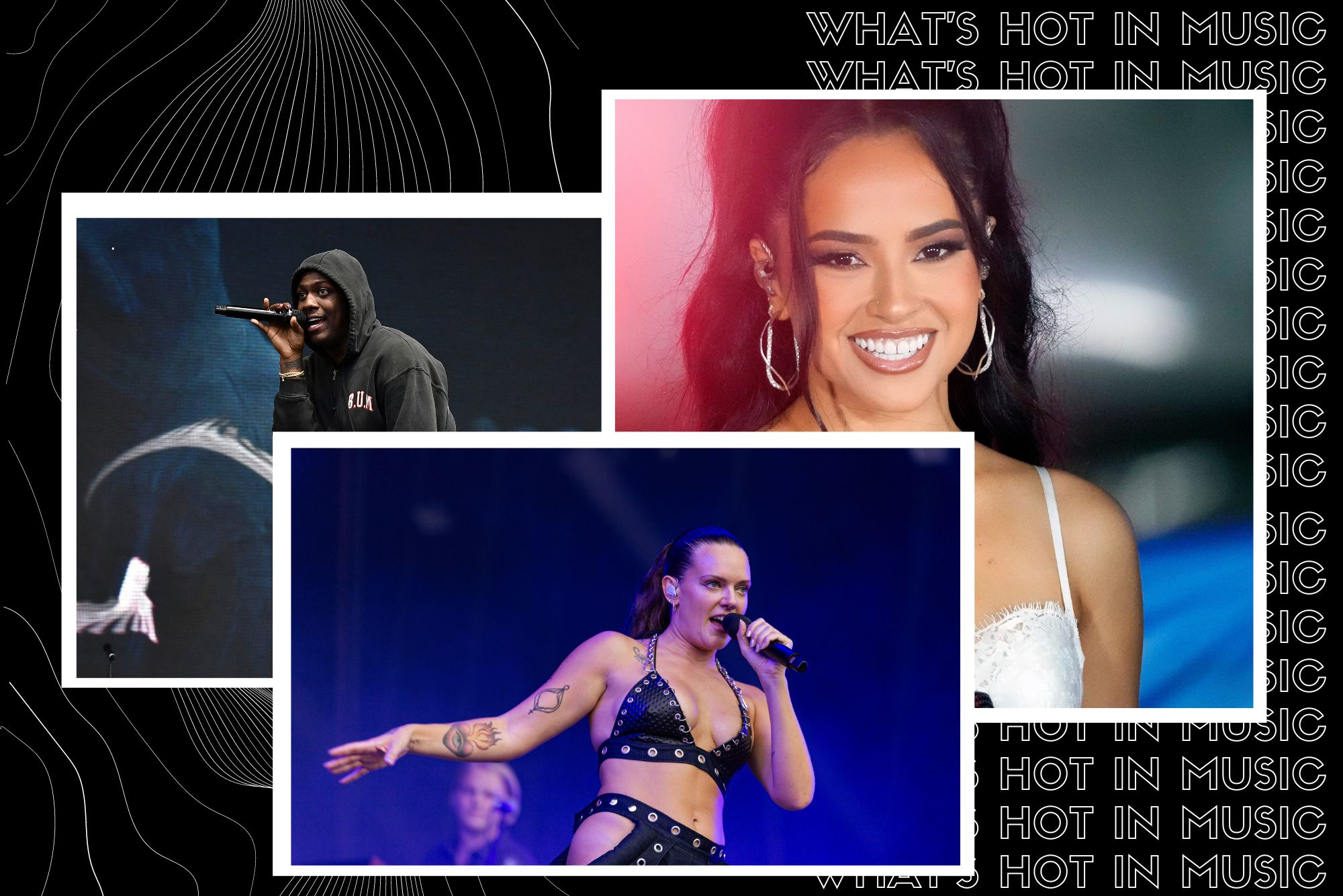 Image: collage of artists either hosting concerts in Boston in September 2023 or with new albums coming out in September. Black background with outline-font white lines features photos of Lil Yachty, Tove Lo, and Becky G. Each photo has white, polaroid-style borders. At left, Lil Yachty performs in concert, mic in hand; he is a Black man wearing a black hoodie and black pants. At right, Becky G, a tan young woman with black hair tied in a high ponytail and wearing a white dress, smiles with mic in hand. Center, Tove Lo is shown performing in concert. A white woman wearing a black leather bra and cut-out pants set, performs with mic in hand on stage. Text on right behind image reads "What's Hot in Music" in a repeating pattern.