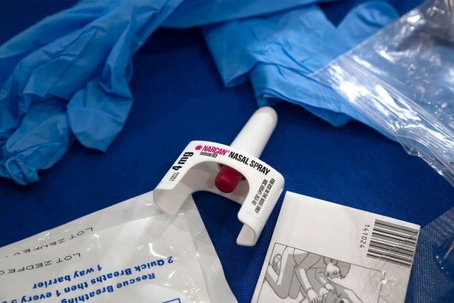 Photo: A container of Narcan, a brand name version of the opioid overdose-reversal drug naloxone, sits on a table