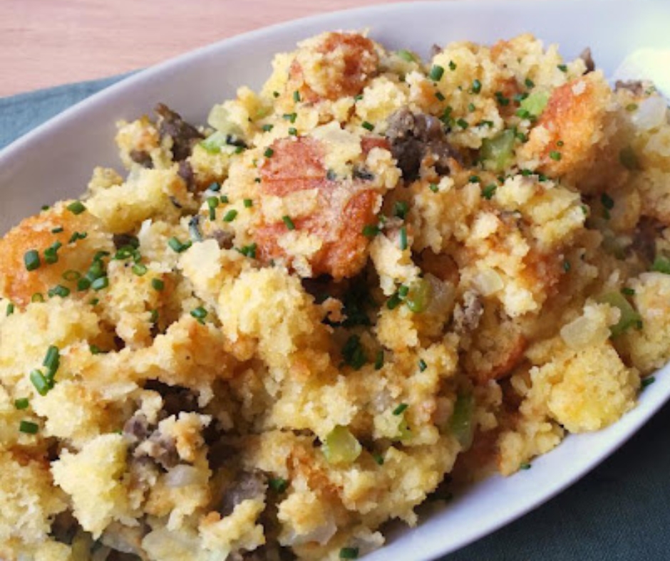 This is a cup of stuffing in a white and blue dish.