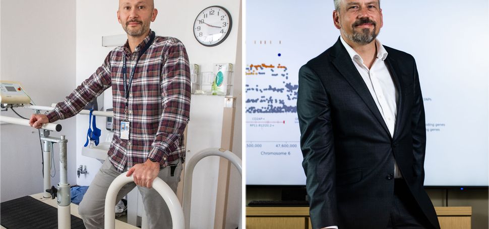 Collage: Side by side photos of James W. Whitworth (left) and Mark W. Logue (right). Whitworth, a bald white man wearing a burgundy, white, and black plaid collared shirt and grey pants poses in an activity lab, featuring a medical treadmill and various other exercise equipment. Logue, a white man with grey-black hair and beard, poses in a dark lecture hall with a lit whiteboard behind him filled with notes. He wears a white collared shirt and black blazer.